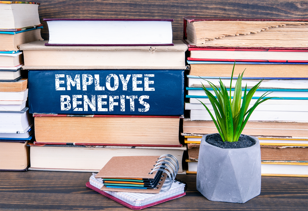 Stacks of books with the pages facing out except one spine that reads "Employee Benefits" and there is a notebook and plant in front of the books