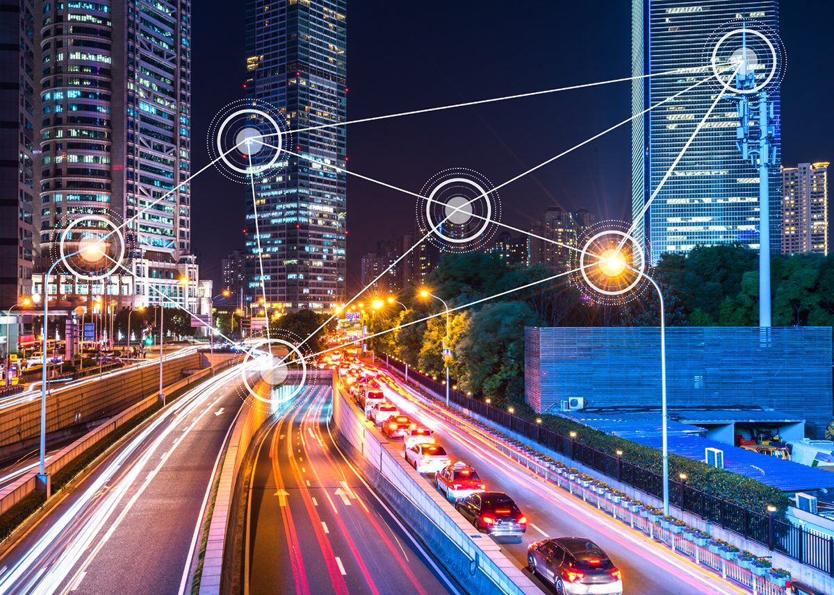 Modern highway infrastructure with technology overlay
