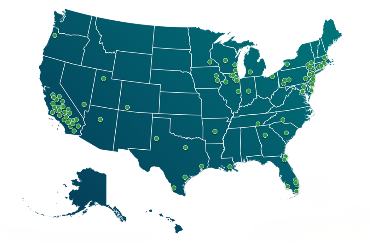 US map showing parking service locations