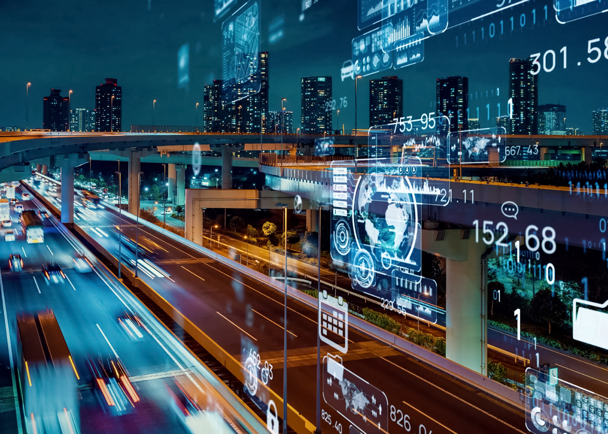 Modern highway infrastructure with technology overlay
