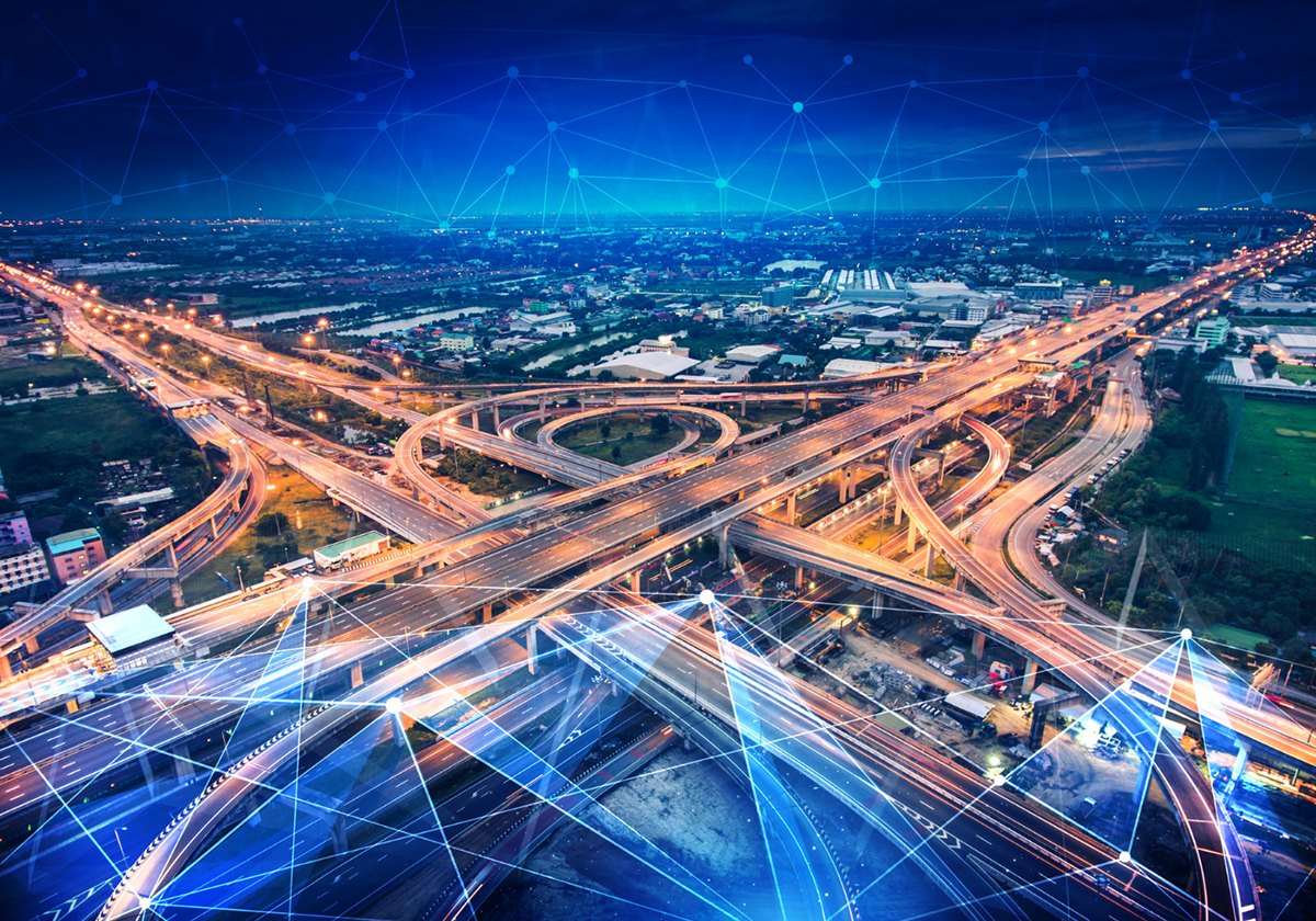 Modern highway infrastructure with technology overlay