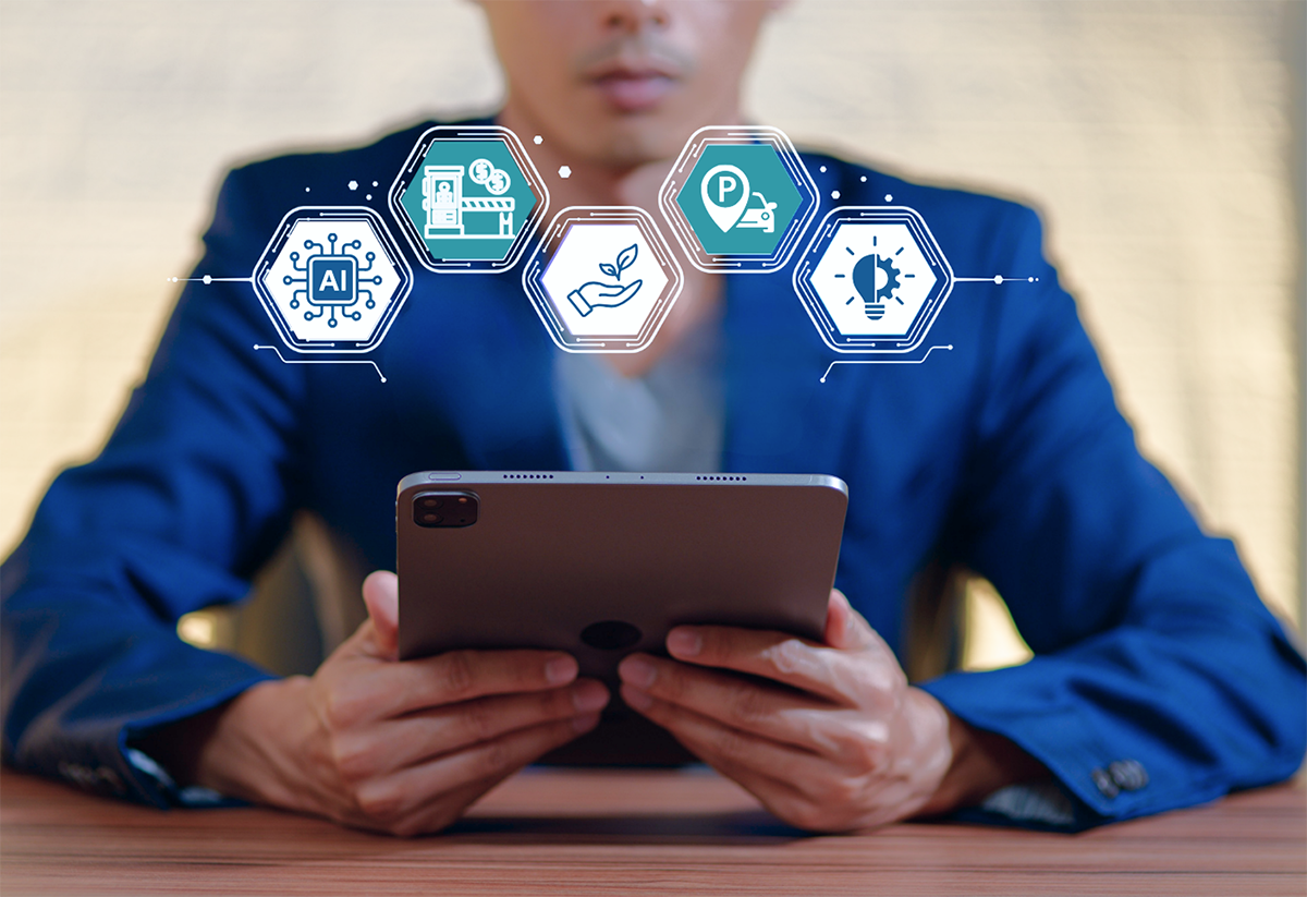 Professional in a blue blazer holding a tablet, with floating icons representing connected platform features including AI, toll management, parking, sustainability, and smart technology